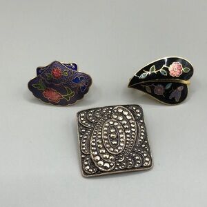 Vintage dressy scarf clips bundle lot 3, cloisonne floral, marcasite square.